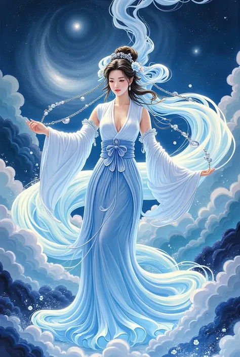  beautiful illustration of the goddess of water 、 full body portrait 、The color scheme is blue and white porcelain 、 fantasy elements from Chinese period dramas、Chinese ink painting style and cloud pattern background、 colorful cartoon character design、 mas...