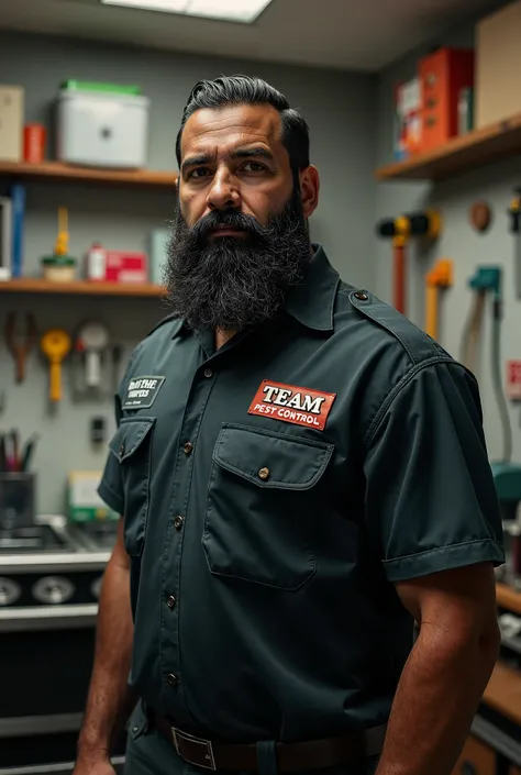 I need you to create a pest control technician with the logo that says team pest control
The technician has to have a black beard and dark skin