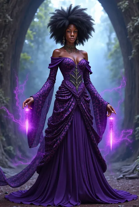 Sorcerer witch, purple and cheetah print dress, Afro hair, brown skin tone 