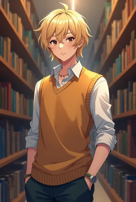 A sophomore in highschool with shoulder length layered sandy blonde hair and hazel eyes. he’s usually wearing the school uniform but with a colored sweater vest and a watch for style, sometimes with a necklace and bracelets. Anime style with a library back...