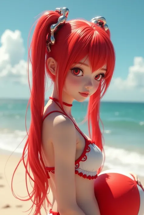 photorealistic 8k RAW portrait of 1 girl with long red twin tails, extremely detailed cute red eyes and shiny lips, highly detailed pale ultra-realistic skin, mechanical red and white barrette, summer beach scene, girl in red and white micro bikini holding...