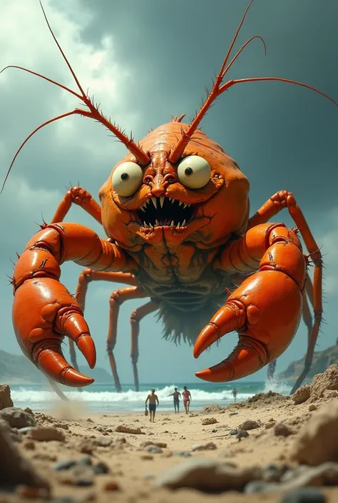 make a photo of giant angry orange bug-eyed crayfish with big claws and cartoony bulging eyes attacking the beach