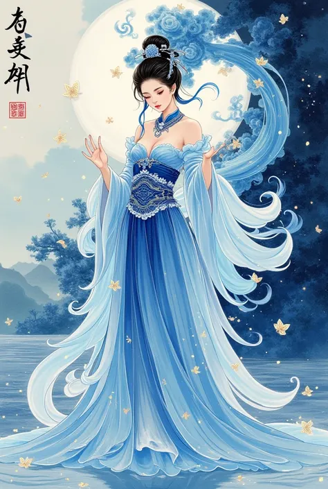  beautiful illustration of the goddess of water 、 full body portrait 、The color scheme is blue and white porcelain 、 fantasy elements from Chinese period dramas、Chinese ink painting style and cloud pattern background、 colorful cartoon character design、 mas...