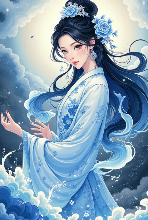  beautiful illustration of the goddess of water 、 full body portrait 、The color scheme is blue and white porcelain 、 fantasy elements from Chinese period dramas、Chinese ink painting style and cloud pattern background、 colorful cartoon character design、 mas...