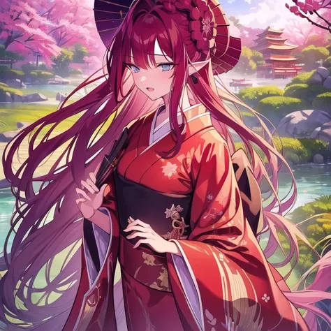 1girl,solo,redhead,long straight hair,curly hair,pointy ears,detailed facial features,beautiful detailed eyes,beautiful detailed lips,extremely detailed eyes and face,long eyelashes,black yukata,kimono,cherry blossom,japanese garden,sakura trees,pond,stone...