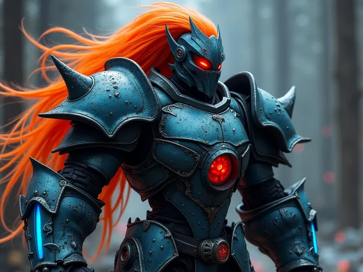 Fulgore was inspired by the armor that medieval knights wore, has his chest puffed out, a headpiece that resembles an orange long  ponytail, and in their arms fluorescent blue plasma mini claws ,and luminous red eyes, blood moon sickle, kick jet the soul