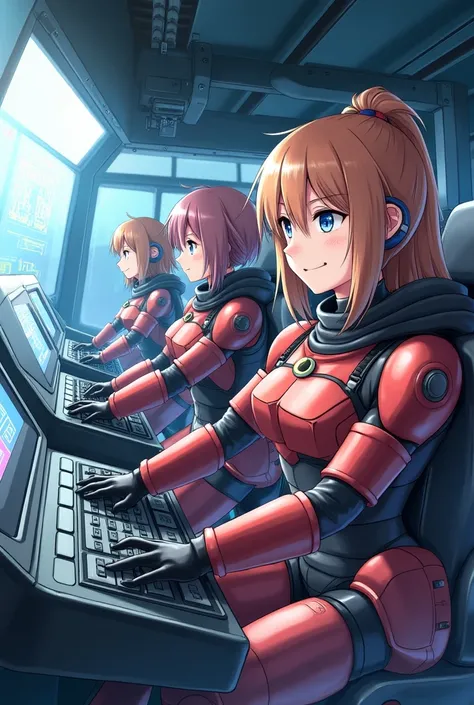 Three girl pilots wearing a bulky robot suit, piloting a combat robot inside the futuristic cockpit. The illustration should be in the style of Japanese anime art, showing them with a enjoying expression as they operates a complex control panel. The backgr...