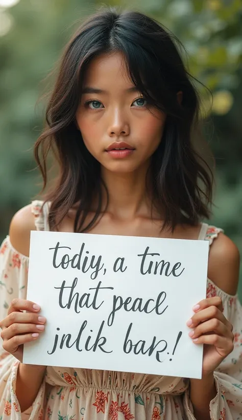  A beautiful  Polish-Japanese girl with medium-short wavy hair Fanja,  light blue eyes , Wearing a bohemian dress, holding a white sign with the text  "Eu adoro o meu Harley  ♡de sua Hanna "  and showing this to the viewer .