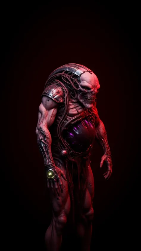 A waist-up portrait of a monstrous alien-cybernetic entity, illuminated by eerie red studio lighting that accentuates the disturbing textures of its bio-mechanical form. Its flesh is torn and stretched over metallic plates, revealing a fusion of sinew and ...