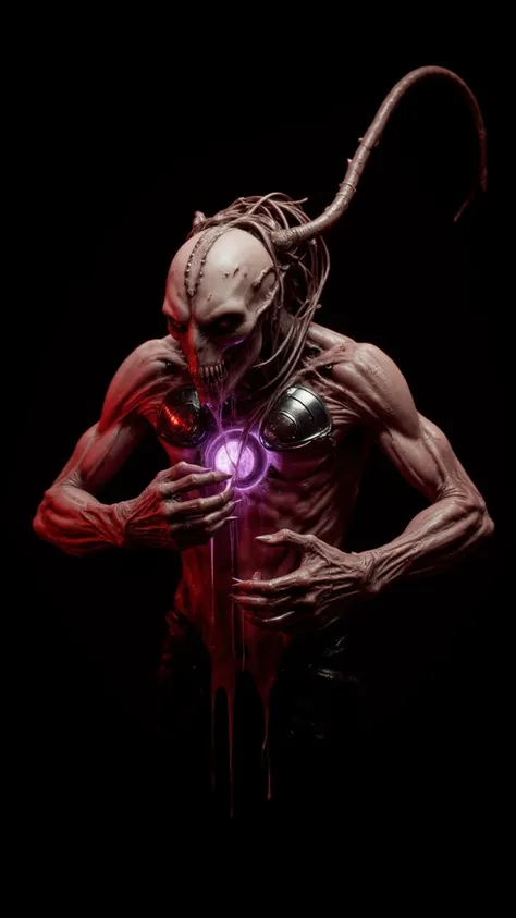 A waist-up portrait of a monstrous alien-cybernetic entity, illuminated by eerie red studio lighting that accentuates the disturbing textures of its bio-mechanical form. Its flesh is torn and stretched over metallic plates, revealing a fusion of sinew and ...