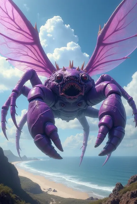 make a photo of angry giant purple mystical flying crab creature with bulging eyes, big claws and large fairy wings flying in the sky in beach