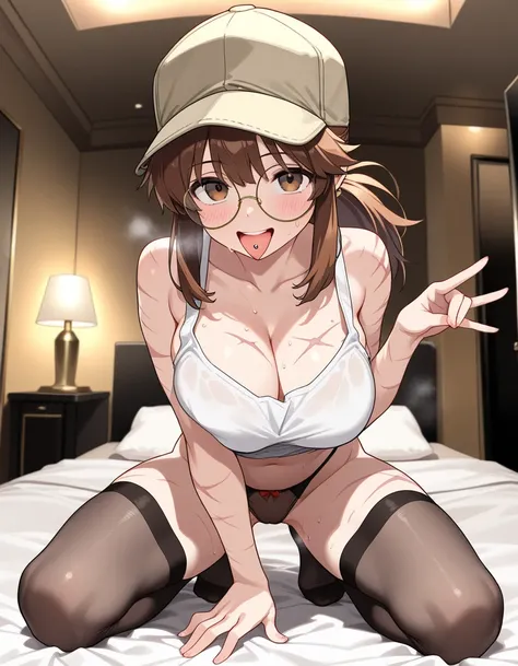 (​masterpiece, top-quality, hight resolution, Unity 8k, extremely details CG:1,Best Picture), Fio Germi-Metal Slug, baseball cap,brown headwear, beige hat, long hair, brown hair, ponytail, sidelocks, brown eyes, bangs, round eyewear, collarbone, cleavage, ...