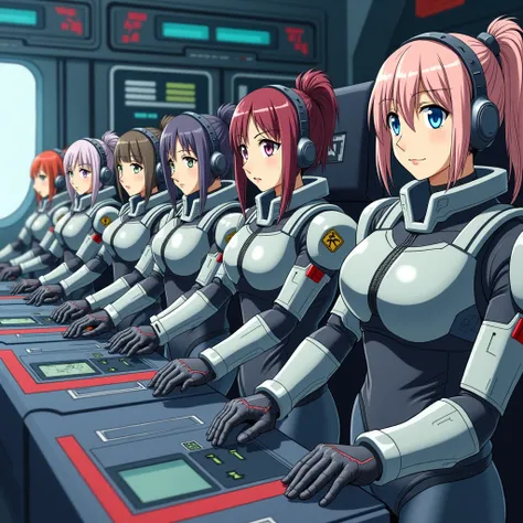 Five girl pilots wearing a bulky robot suit, piloting a combat robot inside the futuristic cockpit. The illustration should be in the style of Japanese anime art, showing them with a confident expression as they operates a complex control panel. The backgr...