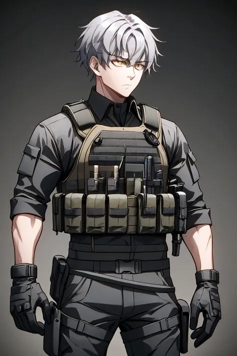  A Young Man,Gray hair.Ojos Dorados ,high,remarkable musculature ,black tactical shirt , black tactical pants with knee protection,tactical boots,tactical gloves, bulletproof vest ,4K quality, without imperfections 