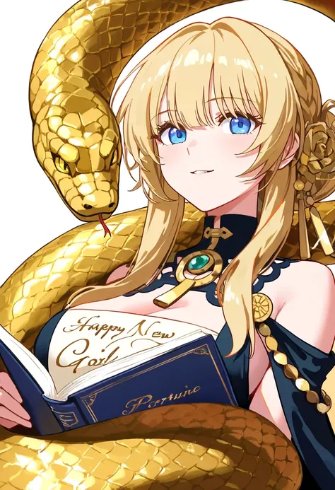 A close-up shot of a golden cyan snake coiling around itself, its vibrant color evoking prosperity and good fortune. Beside the serpent, a youthful girl with porcelain-like skin and piercing blue eyes stands confidently against a crisp white background. Ab...