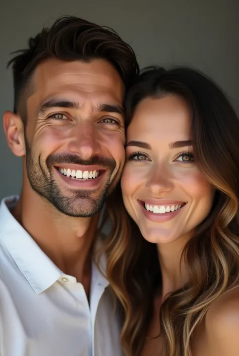 A couple in love smiling, a man with short hair on the sides and a little on the top with a short beard with light brown eyes and a slouchy woman with dark brown lenses and long brown hair with slightly lighter highlights. 