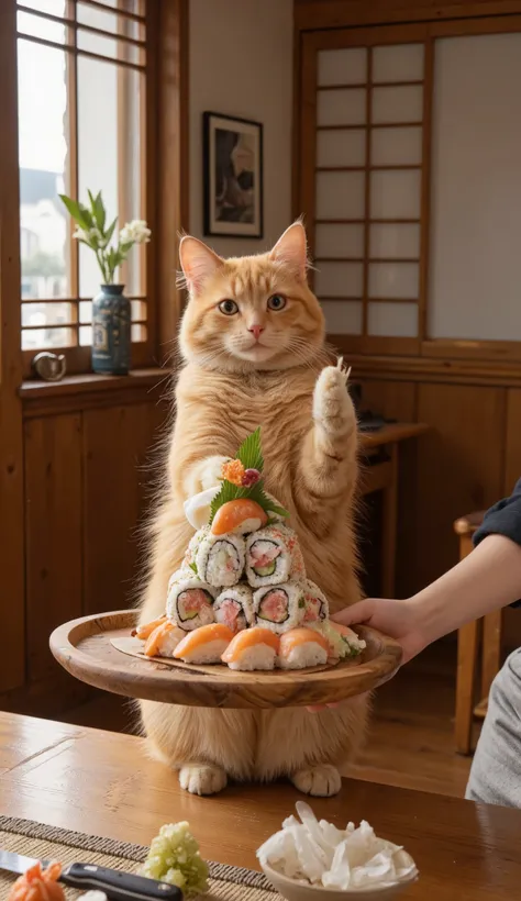 A small orange short-haired cat holding a wooden plate with beautifully arranged sushi in a traditional Japanese sushi restaurant. No human hands are visible. The setting features authentic wooden decor, sushi preparation tools, and a bright, clean, and pe...