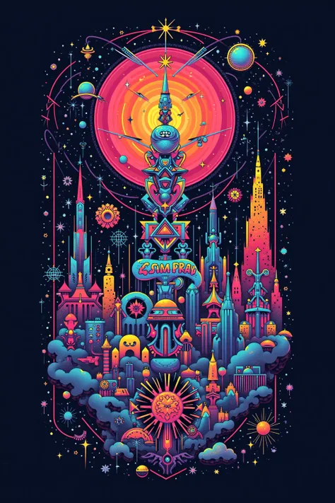 T-shirt composed of geometric patterns, science fantasy, dazzling psychedelic style design, illustrations, top quality images