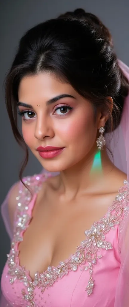 perfect pink eyes, fantastic face, Indian, beautiful look, ((red lips, bright eyes, curve heir 1.5)), ((beautiful details very big breast )), (Straight round and ultra huge clevage, not sagging breast), A glorious gorgeous, glorious gorgeous face, pretty f...