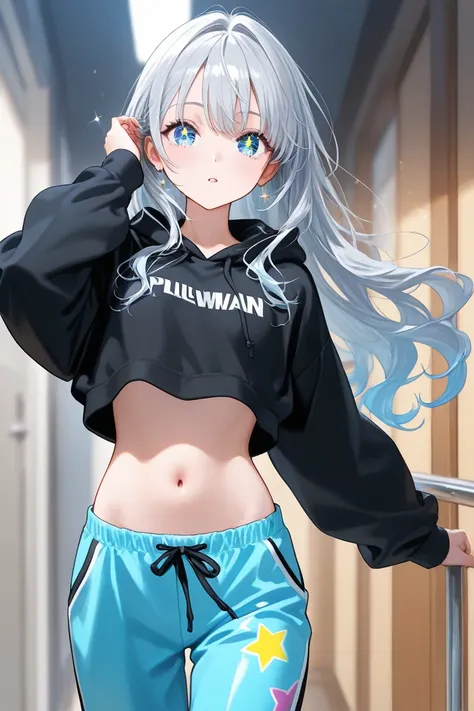 Silver hair, sparkling blue eyes,  black hoodie and dolphin pants, young pretty woman, flushing