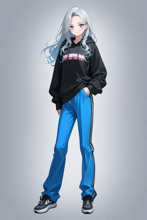 Silver hair, sparkling blue eyes,  black hoodie and dolphin pants, young pretty woman, flushing