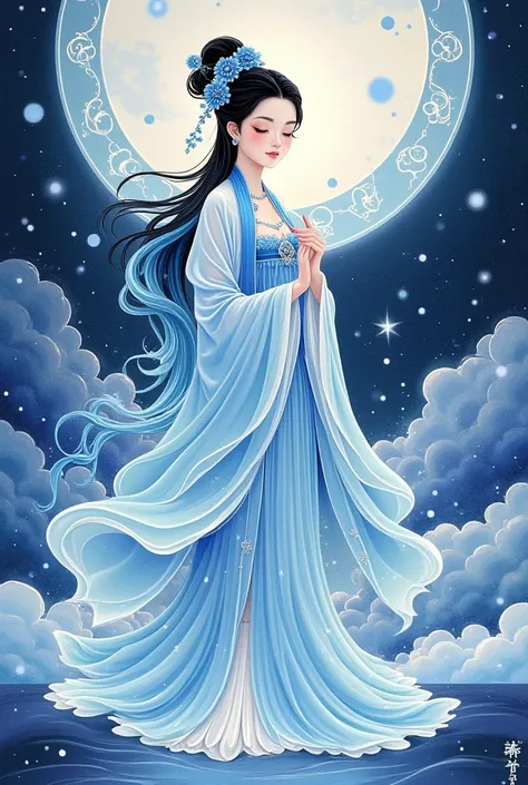  beautiful illustration of the goddess of water 、 full body portrait 、The color scheme is blue and white porcelain 、 fantasy elements from Chinese period dramas、Chinese ink painting style and cloud pattern background、 colorful cartoon character design、 mas...