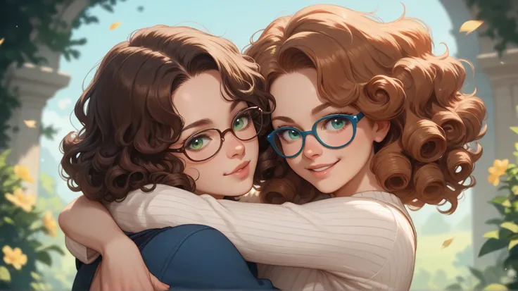 A girl with short brown hair and blue eyes glasses with big boobs and a girl wiylth curly red hair, green eyes and big boobs too hugging each other