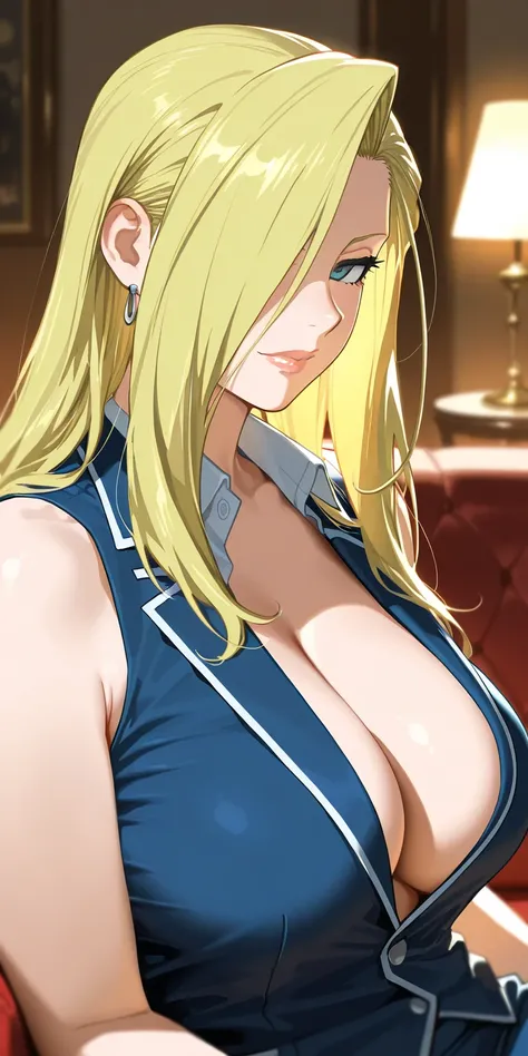 Masterpiece, elegant mature woman, milf,   tall body, curvaceous, olivier mira armstrong, lips, sleeveless collared shirt, cleavage, upper body, sit on sofa, dynamic lighting, ultra detailed, highres, home, fullmetal alchemist anime style