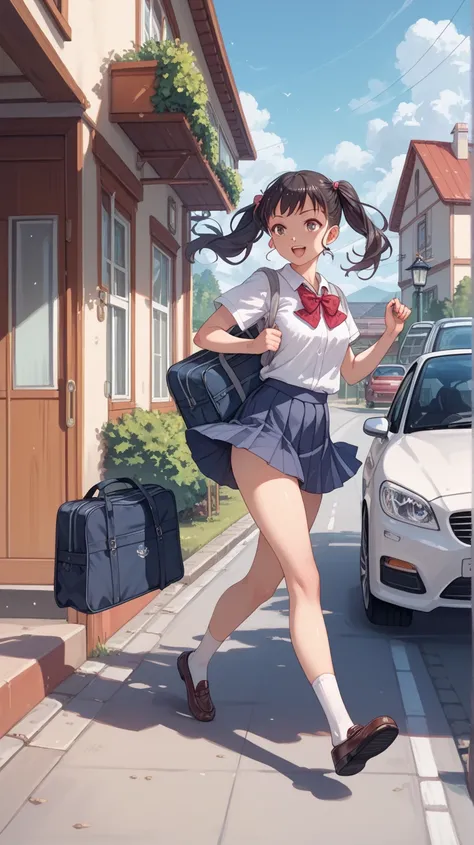 1girl, running towards camera, roki_hirokix style, house, school uniform, school bag, twintails, car, carrying bag, 