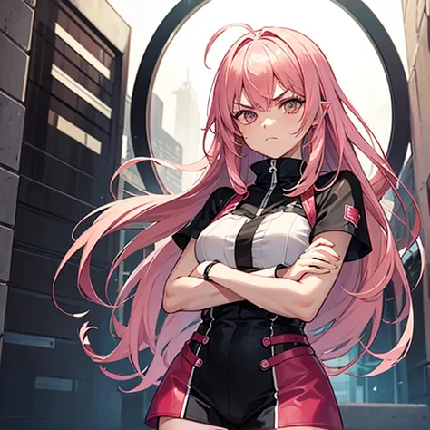 Girl with pink hair and crossed arms,angry