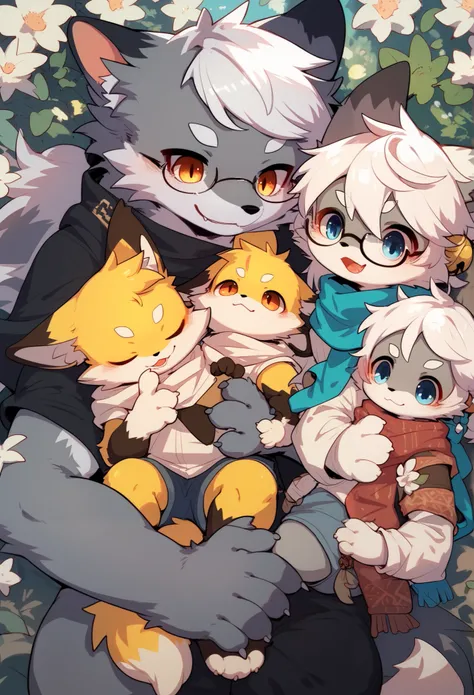 Heterosexual，Fox Boy，furry boy，Characteristics of young ren，White hair，Yellow skin，White Arm，scarf，Wolf Girl，furry girl，Baby characteristics，White hair，Gray skin，Shawl，Glasses，