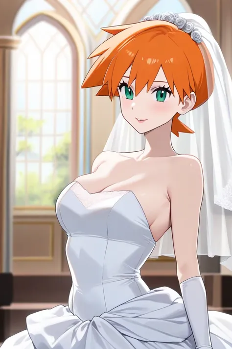 Misty, Pokémon, Mature lady has medium height, medium breast, slender body, short hair, Orange hair, green eyes., The lady wearing wedding dress., ((high quality, master piece)), natural pose, 