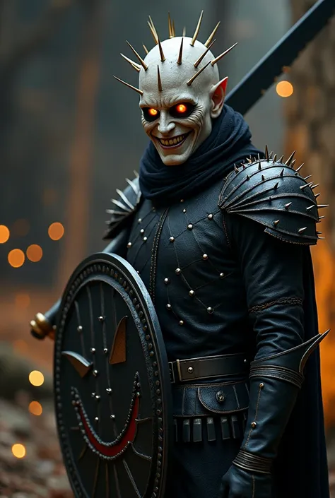 light skinned, hairless human warrior, smiling sarcastically.
  wearing black leather armor covered in spikes .  Using a half-length shield with a smiley face. using a wide sword with a serrated blade .  invoking the cenobite style from the movie Hellraise...