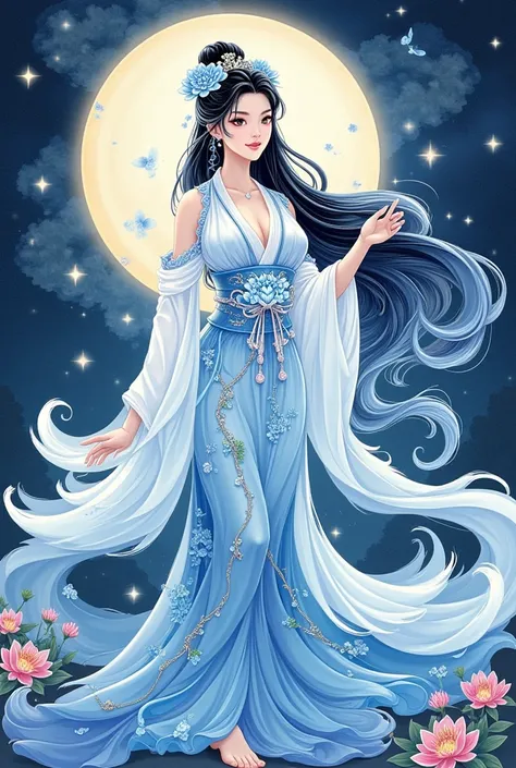 💖💖🌹💋 beautiful illustration of the goddess of water 、 full body portrait 、The color scheme is blue and white porcelain 、 fantasy elements from Chinese period dramas、Chinese ink painting style and cloud pattern background、 colorful cartoon character design、...