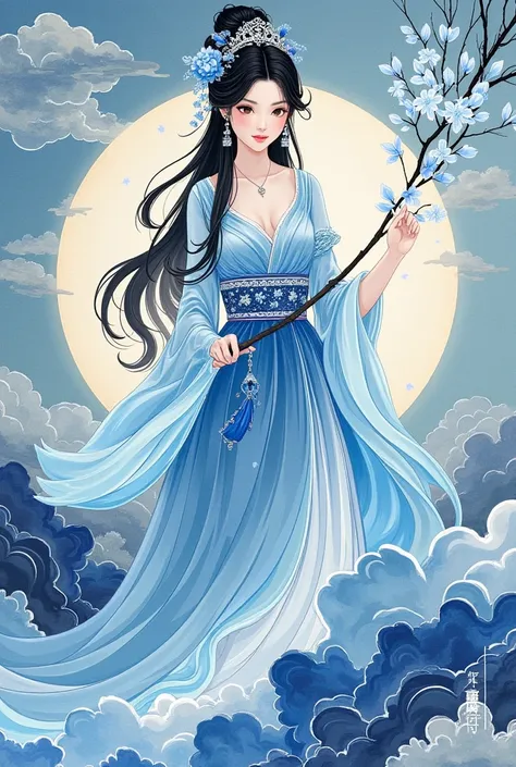 💖💖🌹💋 beautiful illustration of the goddess of water 、 full body portrait 、The color scheme is blue and white porcelain 、 fantasy elements from Chinese period dramas、Chinese ink painting style and cloud pattern background、 colorful cartoon character design、...