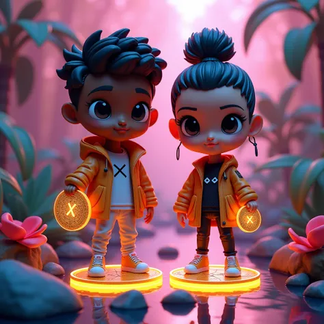 Design a series of dynamic, luxury collectible duo of multi racial male and female cartoon figurines with futuristic and stylized aesthetics, representing influential and socially significant real-life figures. Each figurine should closely resemble the app...