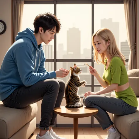 A munchkin cat with a dark brown tiger pattern and white, a Japanese man with messy hair wearing a blue hoodie and black jeans, a blonde long-haired Japanese female college student wearing a lime green cut-and-sew top and dark gray jeans, the blonde Japane...