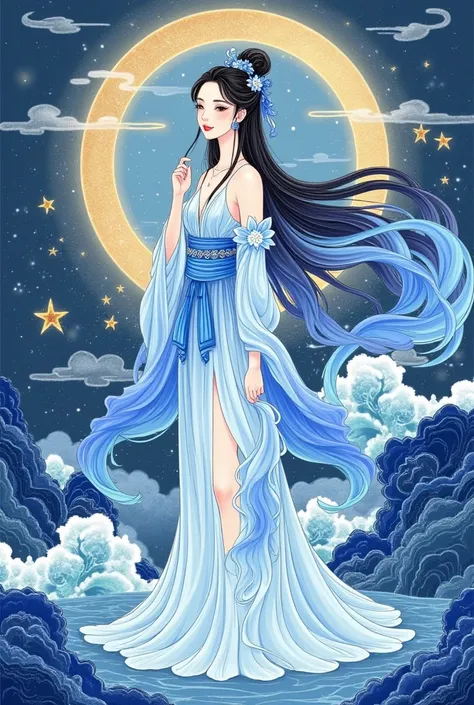 💖💖🌹💋 beautiful illustration of the goddess of water 、 full body portrait 、The color scheme is blue and white porcelain 、 fantasy elements from Chinese period dramas、Chinese ink painting style and cloud pattern background、 colorful cartoon character design、...