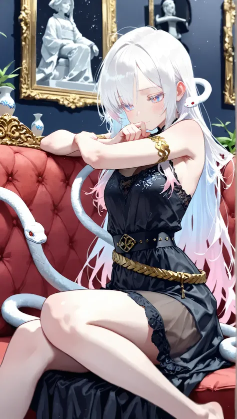 score_9, score_8_up, score_7_up, Bright Pupils, Shy, Multicolored Eyes, Super Detailed, Masterpiece, Gradient Hair, Albino Japanese rat snake, Asymmetrical Hair, Accurate, Antique attire, UHD, Thinking, Depth Of Field, Solo, Full-length portrait or statue,...