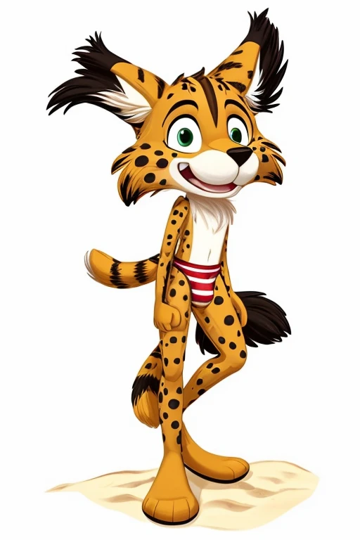 Lynx cartoon guy full length slim skinny in tight speedo on the beach with a happy face striped tail