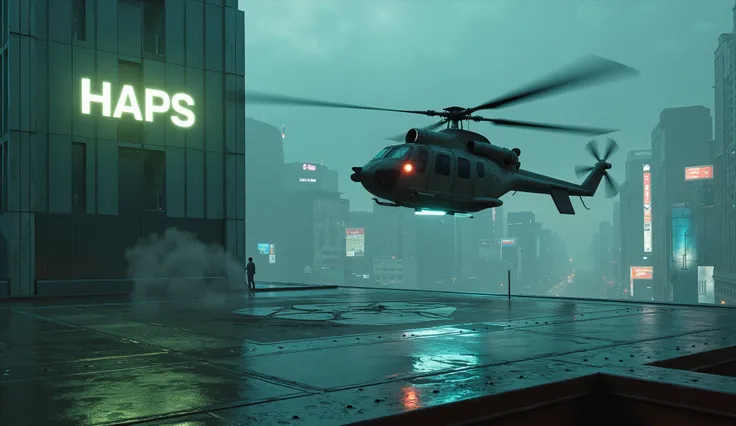 A wide shot captures the **H.A.P.S. Tower rooftop helipad**, a stark, industrial platform glowing faint **cyan** from embedded landing lights. The tower’s sharp, brutalist design looms high above the dense **Manhattan skyline**, its glowing **white “H.A.P....