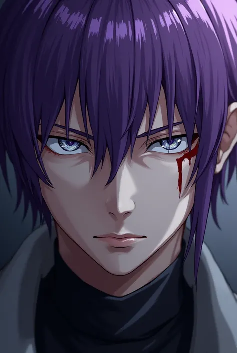 Purple-haired man,  silver eyes and a scar on his right eye, made by a blade .  He dates person 5 .