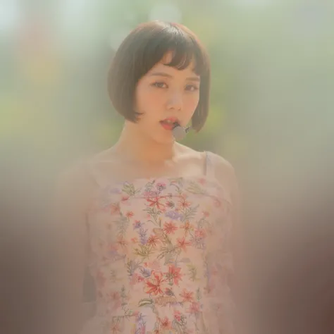  jisoowiro , A Korean singer with  " ash-brown short pixie undercut hair" and radiant complexion , Wears a floral dress.  She is standing on a small outdoor stage in a sunny park  , sings into a microphone.  The lively festival atmosphere  ,  with colorful...