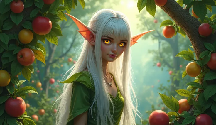 A forest has many fruits and a white hair, yellow eye elf