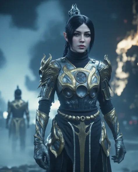 ShadowDJ, The image is a high-quality photograph of a woman standing against a smoky, ethereal background with a mystical, otherworldly ambiance. She is dressed in armor. and she has dark hair.  