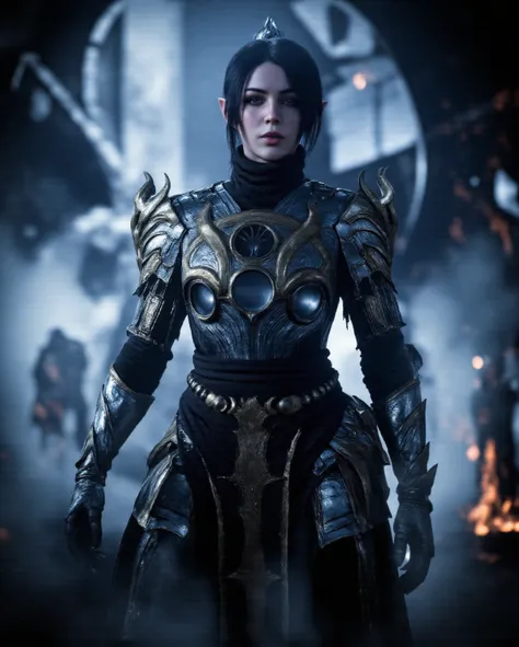 ShadowDJ, The image is a high-quality photograph of a woman standing against a smoky, ethereal background with a mystical, otherworldly ambiance. She is dressed in armor. and she has dark hair.  