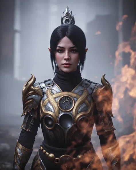 ShadowDJ, The image is a high-quality photograph of a woman standing against a smoky, ethereal background with a mystical, otherworldly ambiance. She is dressed in armor. and she has dark hair.  