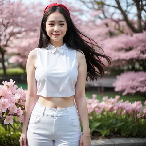 Cinematic photo ((  best quality  , 8k,))  Works  ,  Slim   ,  1girl  ,  haruno Sakura medical room,forehead mark, red headband, red sleeveless dress,  white pants ,navel,   crotch ,   bracelet ,  staring at viewer , Crossed arms, smile  , cherry blossoms,...