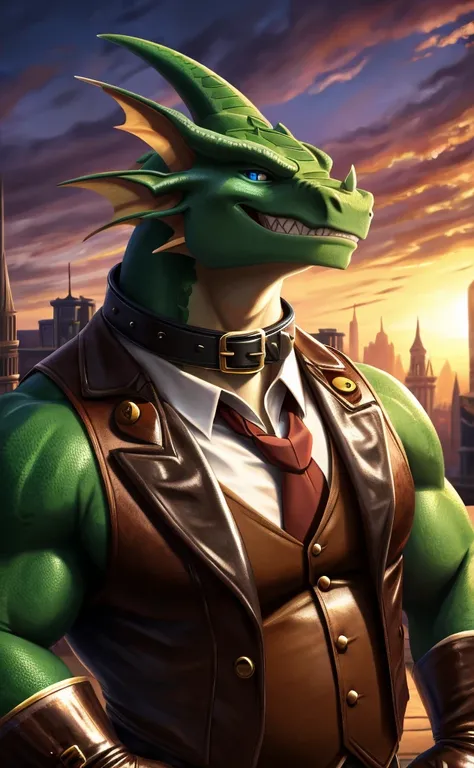 Solo, Male, close up, fat, musclegut, obese, steampunk, 1920s gentleman, dapper Shenron, tilting head down, blue eyes, wearing a big leather collar around his neck, (soft shading), 4k, hi res, ((detailed face, detailed)), looking at viewer, evil grin, coll...