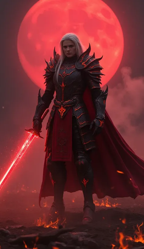 "A hyper-realistic depiction of Lancelot wearing the Kishin Densetsu skin. He stands poised in an ethereal battlefield under a blood-red moon, holding an intricately designed katana imbued with glowing crimson energy. His armor is adorned with dark, demoni...